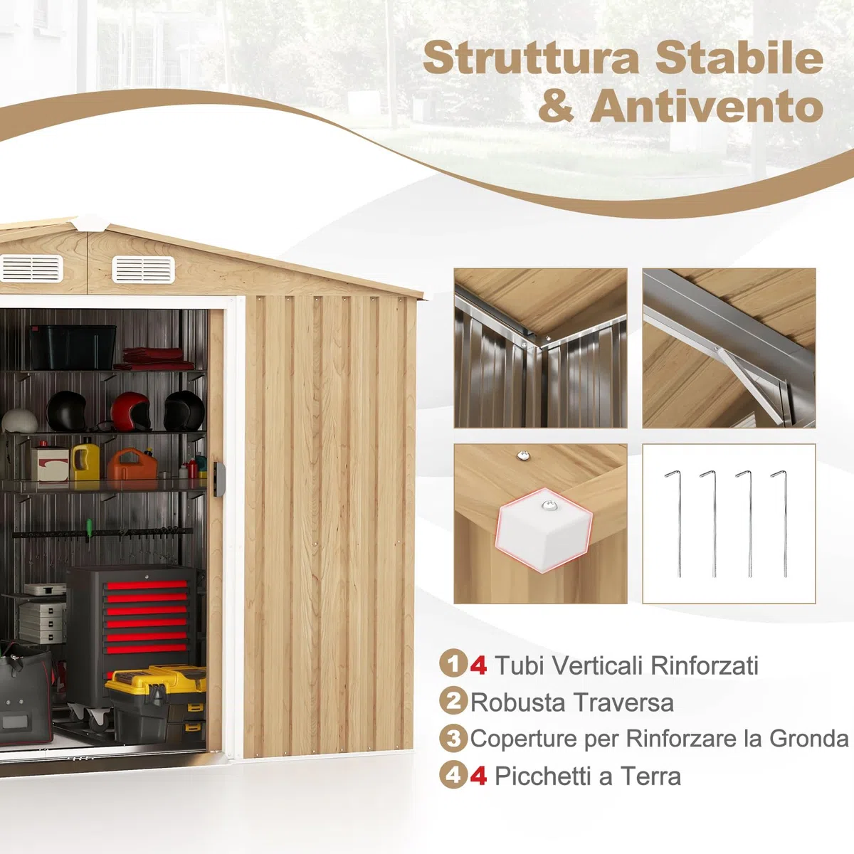 RELAX4LIFE Casetta da Giardino per Attrezzi, in Lamiera d'Acciaio e e Lamiera Zincata con Fondazione, Doppie Porte Scorrevoli, Rampa, 4 Fori di Ventilazione e 4 Guanti Inclusi (259 x 196 x 184 cm)