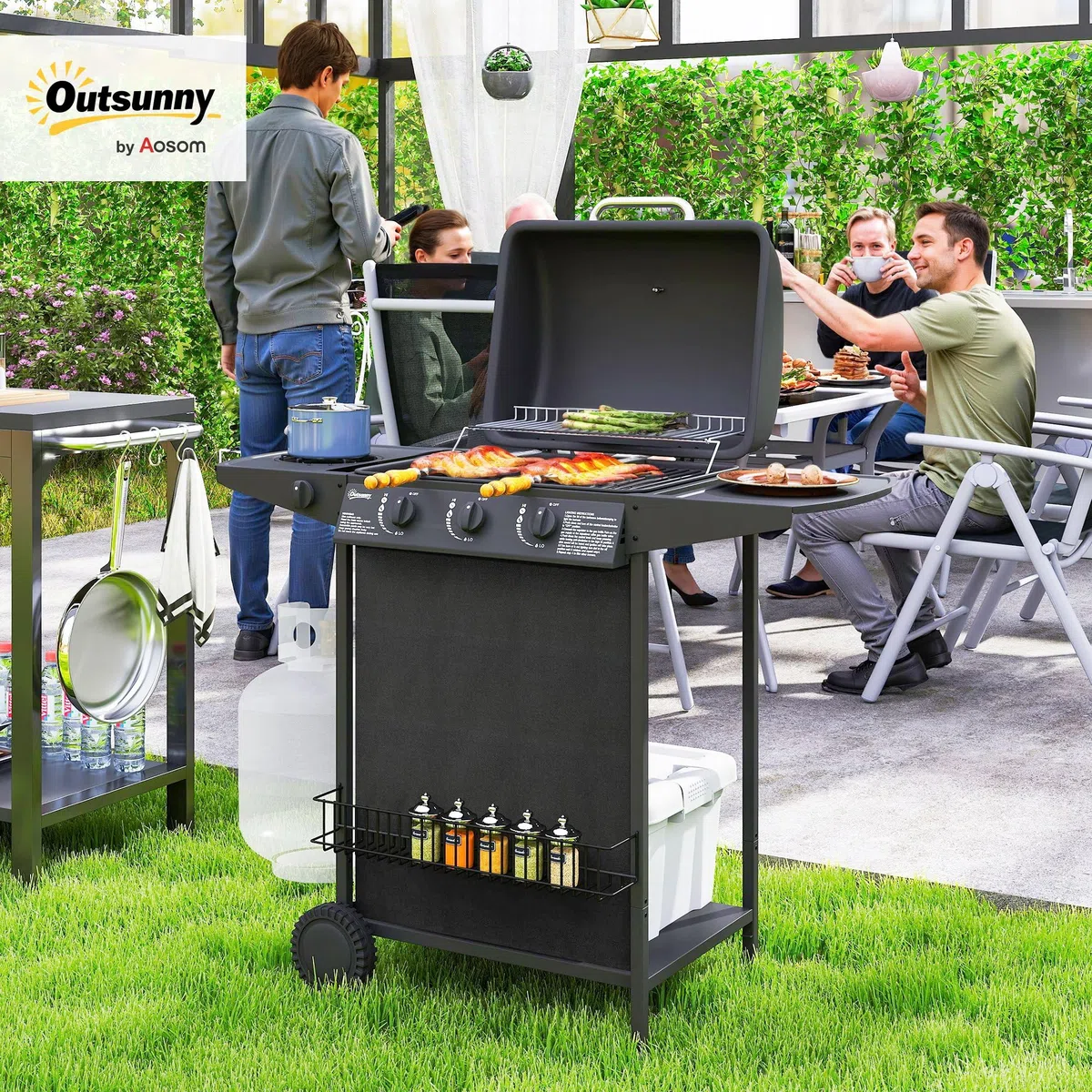 Outsunny Barbecue a Gas 4 Bruciatori 9.5kW con Coperchio Termometro Ruote Nero