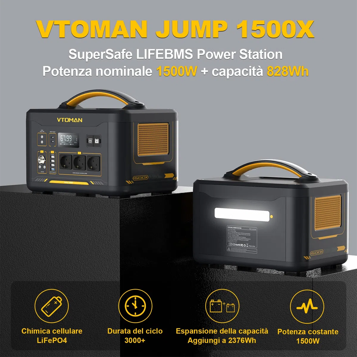 VTOMAN Jump 1500X Centrale Elettrica Portatile - 1500W/828Wh LiFePO4 Batteria Power Station Generatore Solare, Capacità Espandibile a 2376Wh, per Campeggio, Emergenza, Viaggio