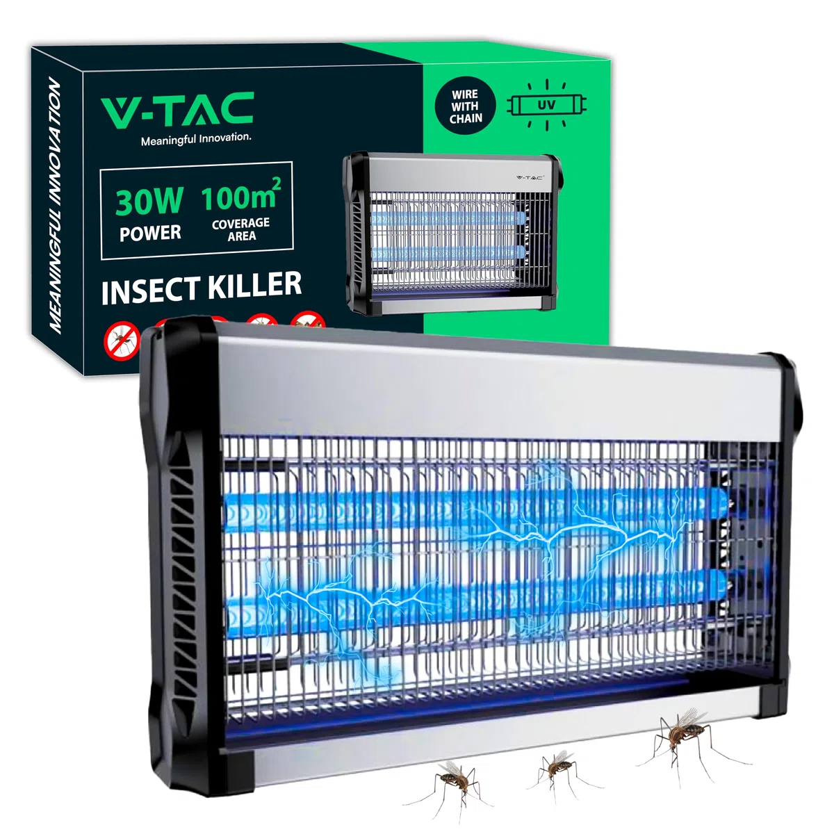 V-TAC Zanzariera Elettrica Potente - 30W con Area di Azione 100 m² - Design Sottile - Zanzariera con Luce Blu UV per Uso Interno ed Esterno - Trappola Elettrica contro Zanzare e Insetti - Potenza 30W