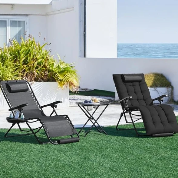 Yaheetech Sdraio da Giardino Richiudibile con Cuscino, Lettino Prendisole Mare, Poggiapiedi e Portabicchieri, Nero