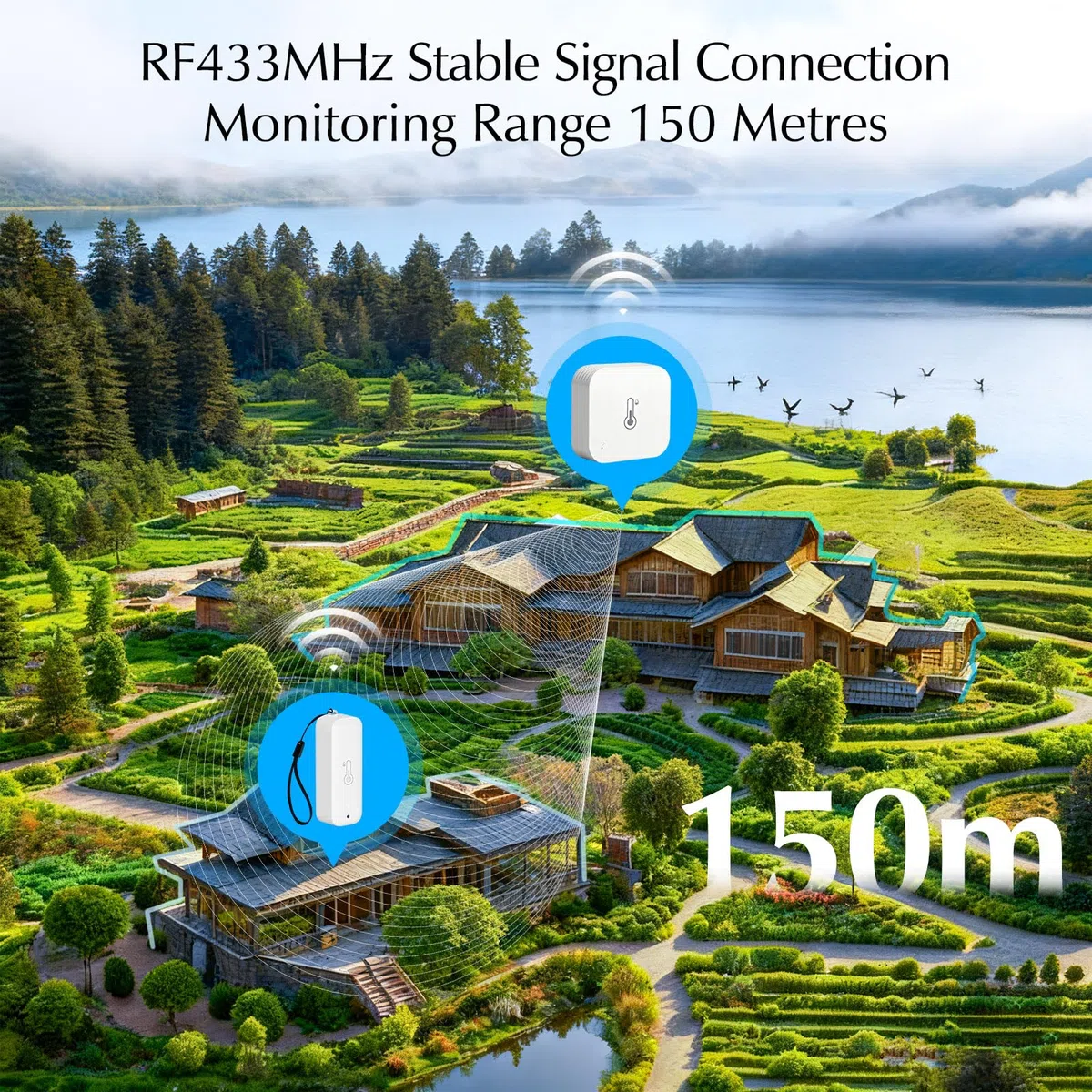 Igrometro Wifi, Termometro Esterno, Wireless 150m Range, Tuya APP Data Storage e Calibrazione, Temperatura e Umidità Monitor, 2 Sensori e 1 Base Station, Compatibile con Alexa