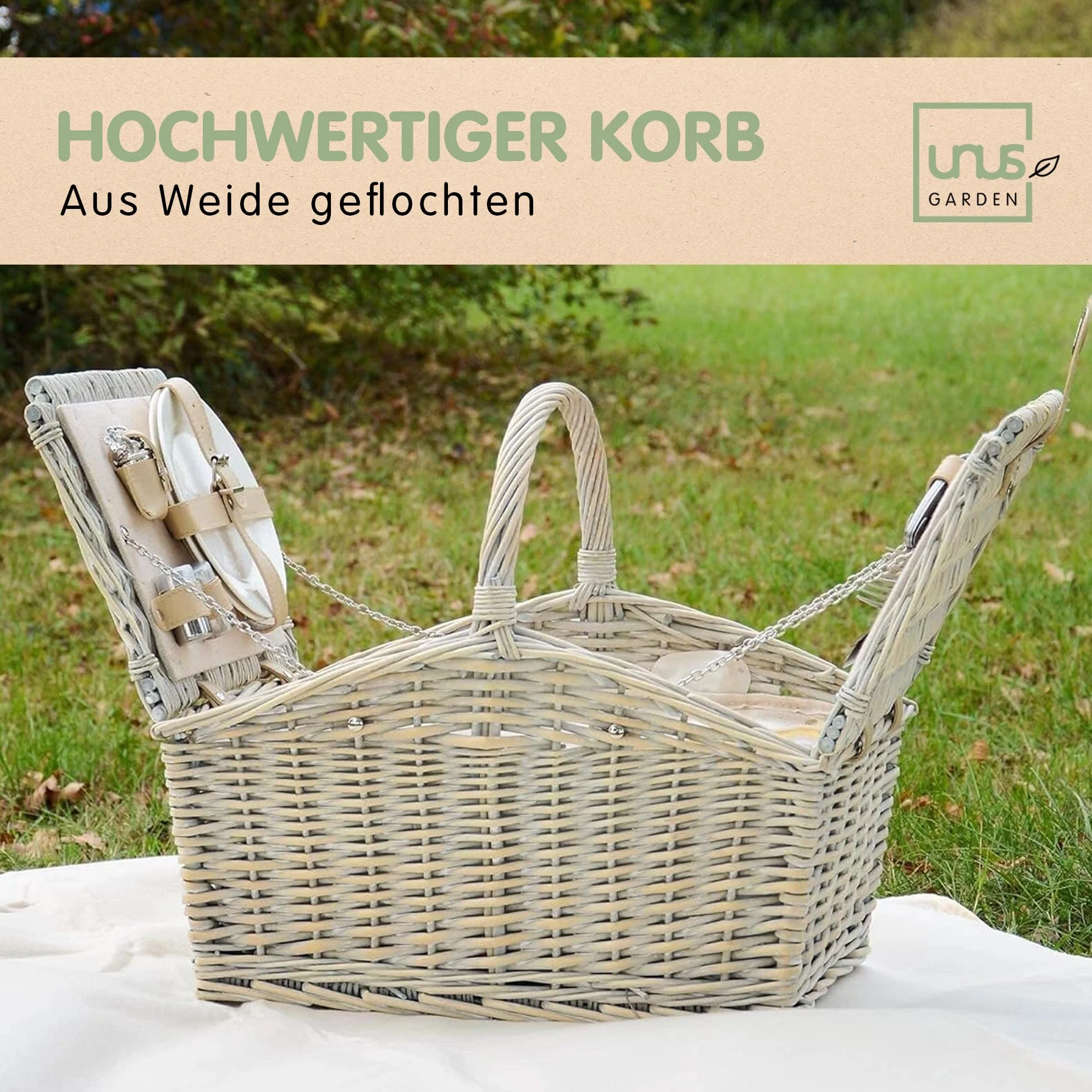 Set da picnic per 2 persone con cestino termico, coperta 135x115 cm, posate e stoviglie, grigio e beige