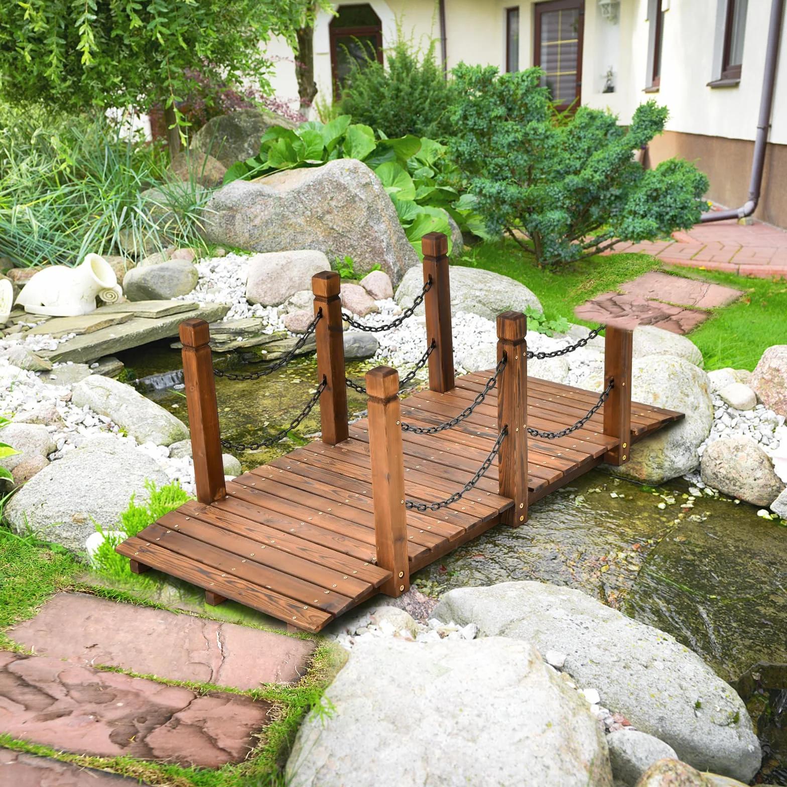 COSTWAY Ponte da Giardino in Legno, Ponte Decorativo con Finitura Tinta e Catena di Sicurezza, Ponte ad Arco in Legno per Giardino, Patio, Cortile e Fattoria, Carico 80 kg