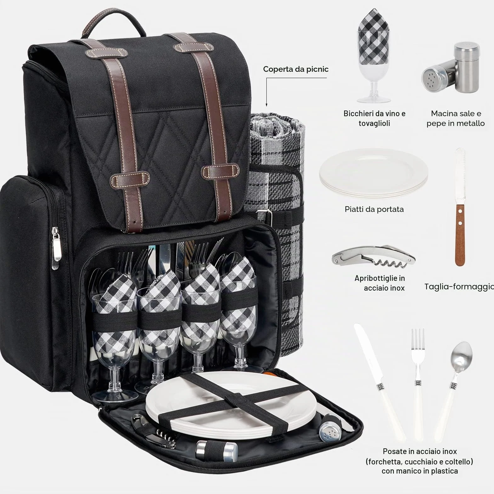 Zaino da picnic per 4 persone con grande borsa termica isolata, cestino da picnic con sacchetto di vino, coperta da picnic impermeabile e set di posate. Perfetto per spiaggia, festa, regalo di nozze