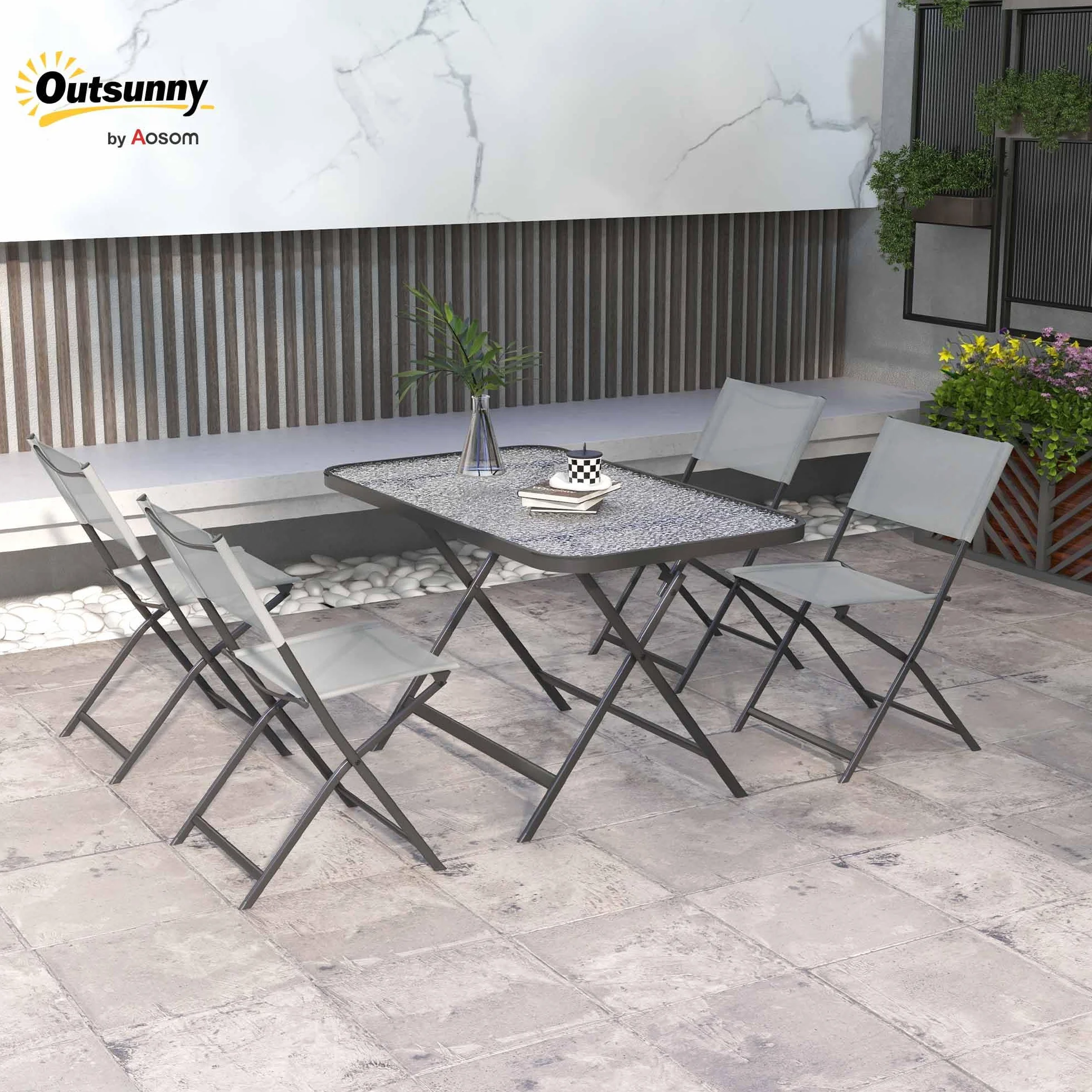 Outsunny Set Tavolo e Sedie da Giardino 5 Pezzi Pieghevole, Metallo, Grigio
