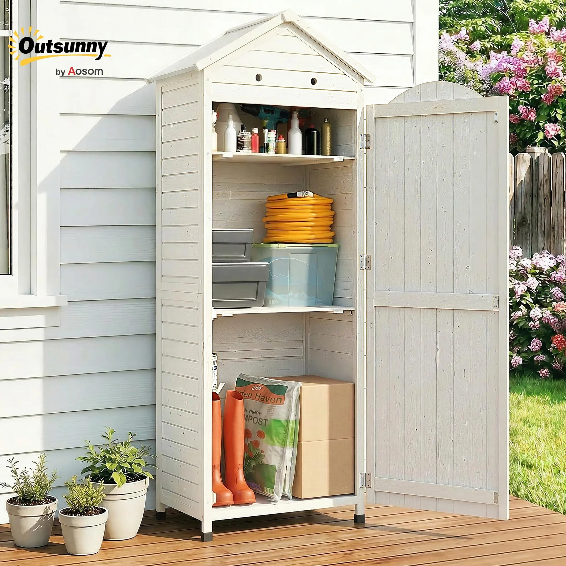 Outsunny Armadio da Giardino in Legno Alto, Casetta Porta Attrezzi da Esterno con Tetto Inclinato Zincato, Ripiani Regolabili, Prese d'Aria, Kit Antiribaltamento, 85x58x213cm, Finitura Goffrata Bianco