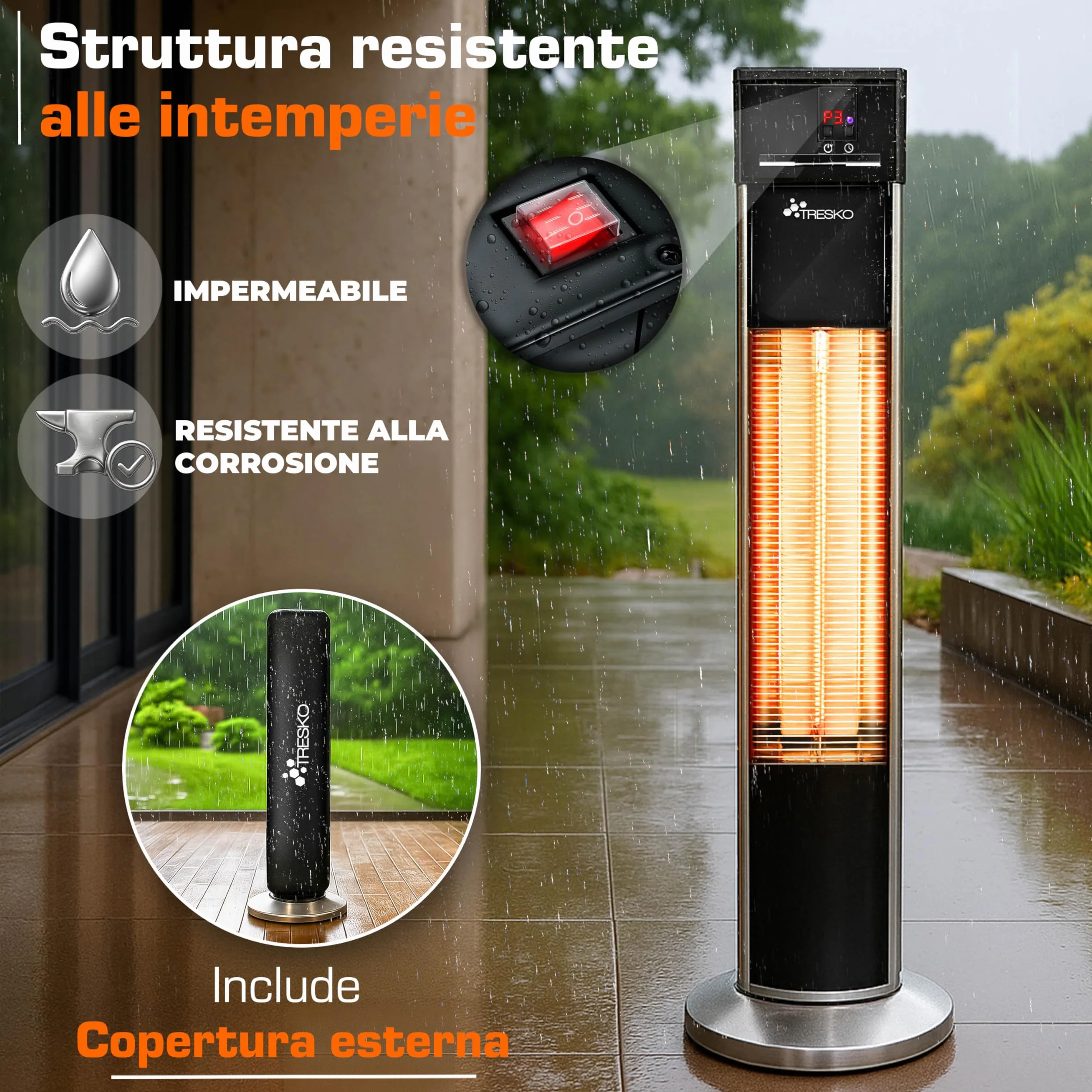 TRESKO Stufa a Infrarossi 2000W Torre Telecomando 3 Livelli Calore Riscaldatore Elettrico da Terrazzo