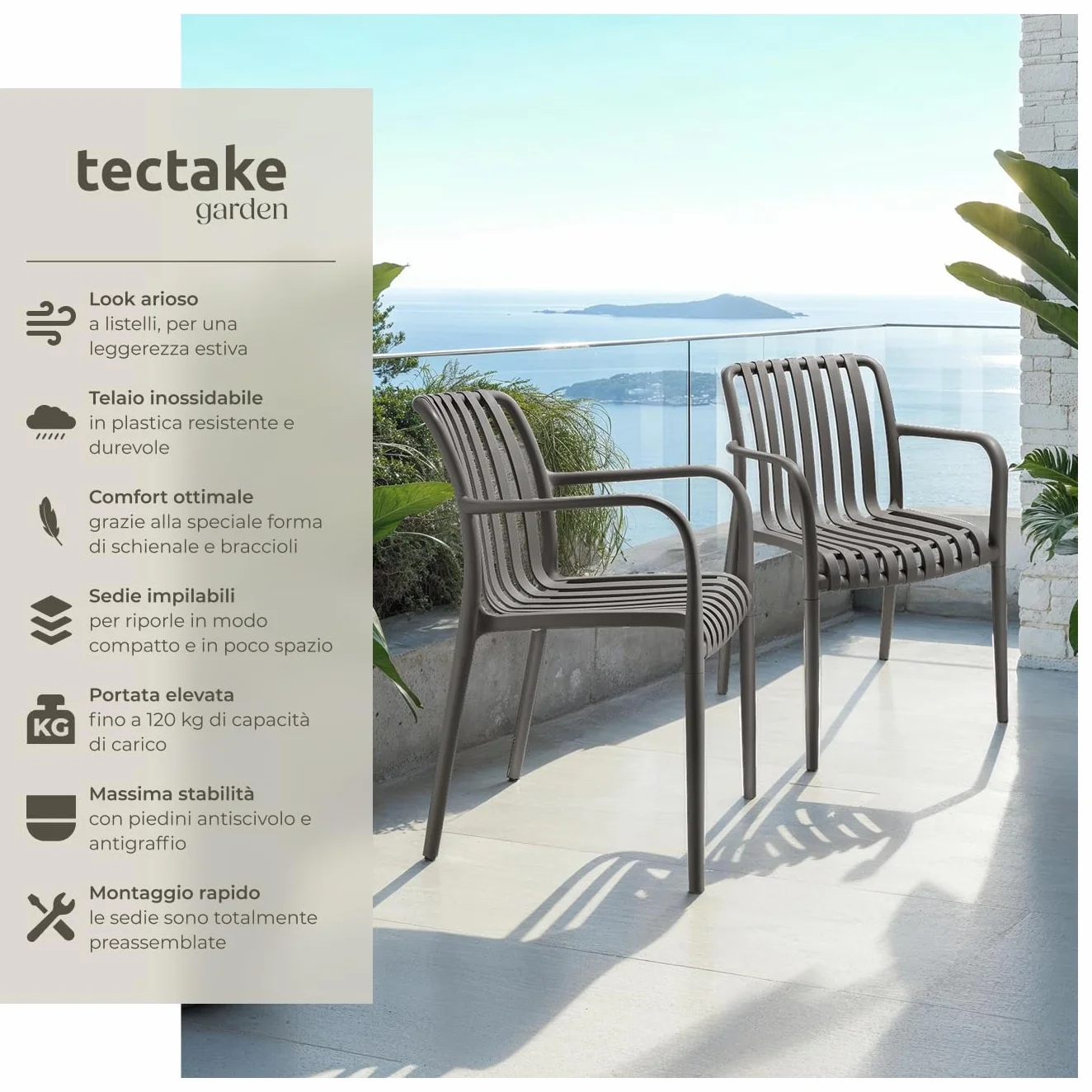 Tectake Set da 4 Sedie da Giardino Impilabili in Polipropilene per Esterno, Terrazzo, Antracite