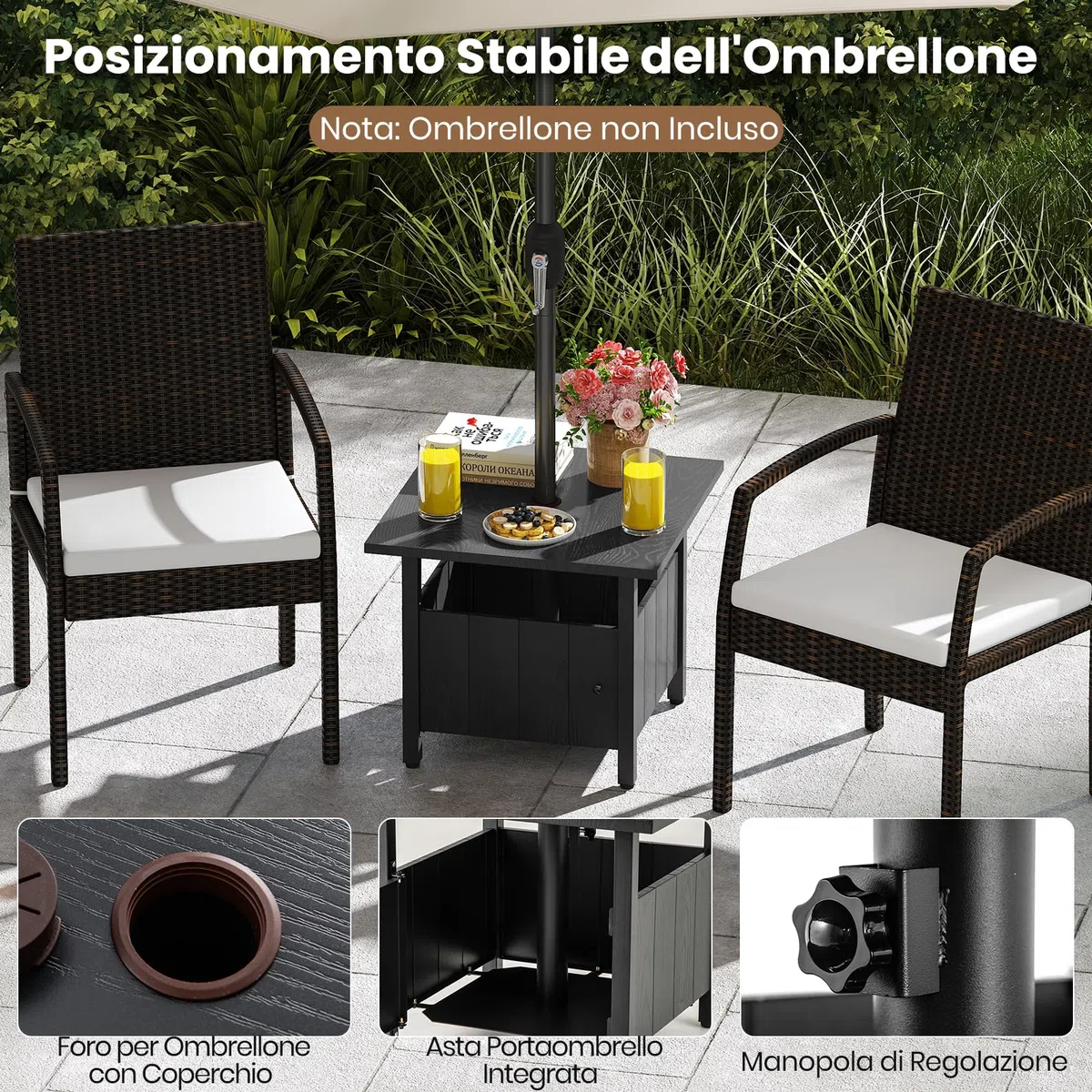 RELAX4LIFE 2 in 1 Tavolino Laterale in Metallo con Foro per Ombrellone 5cm Manopole Regolabili Tavolo da Giardino 80KG 55,5x55,5x48cm