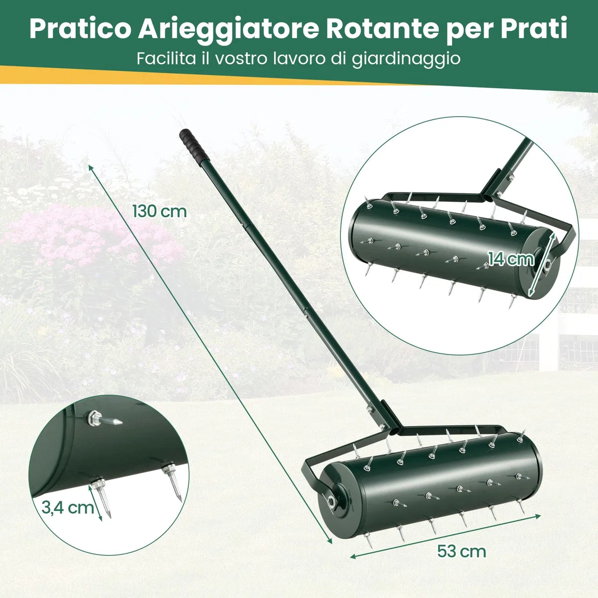 RELAX4LIFE Aeratore Prato Rullo 52 cm 33 Punte Antiruggine 3,4 cm Manico Lungo