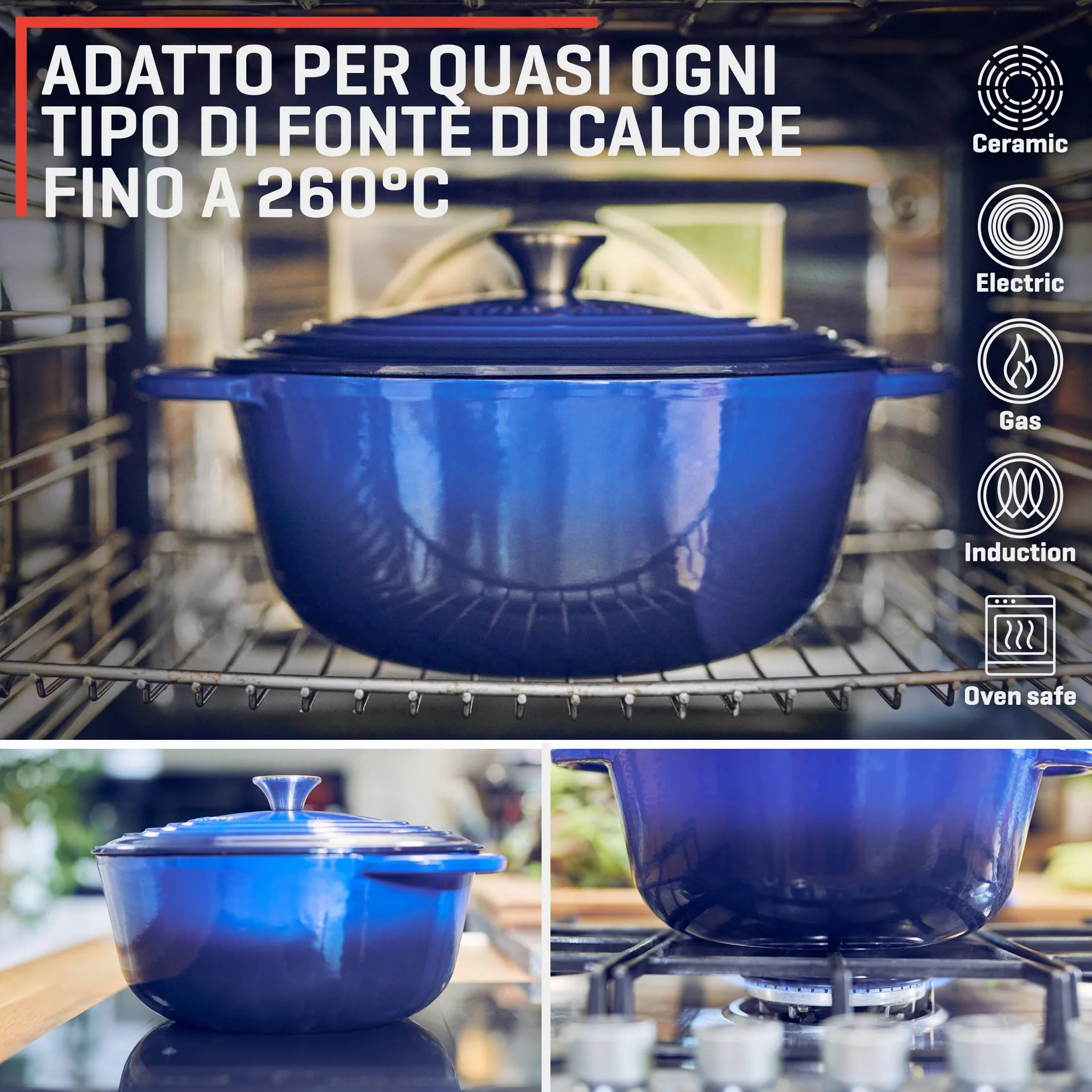 Uno Casa Pentola Forno Olandese in Ghisa Smaltata 5,6 litri Blu con Presine e Sottopentola in Silicone