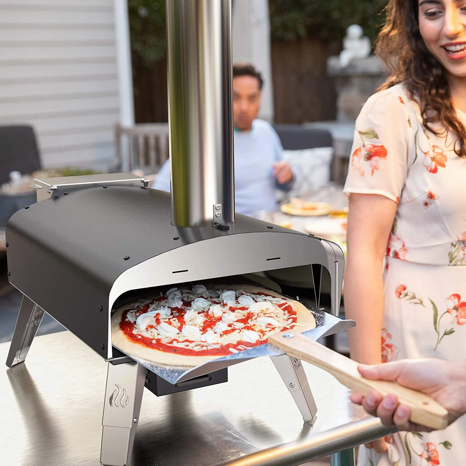 Mimiuo Forno per Pizza a Pellet con Pala e Pietra, Sistema Grill Rotante Automatico, Nero