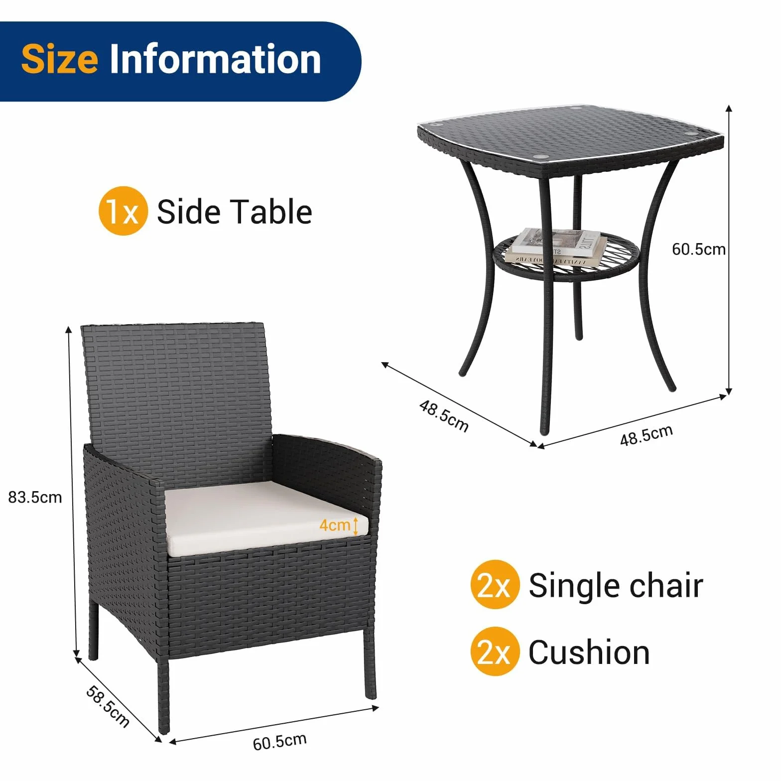 UDPATIO Salotto da Giardino in Rattan, Set Mobili da Giardino 3 Poltrone e Tavolino, Struttura Metallica, Vetro Temperato, Nero