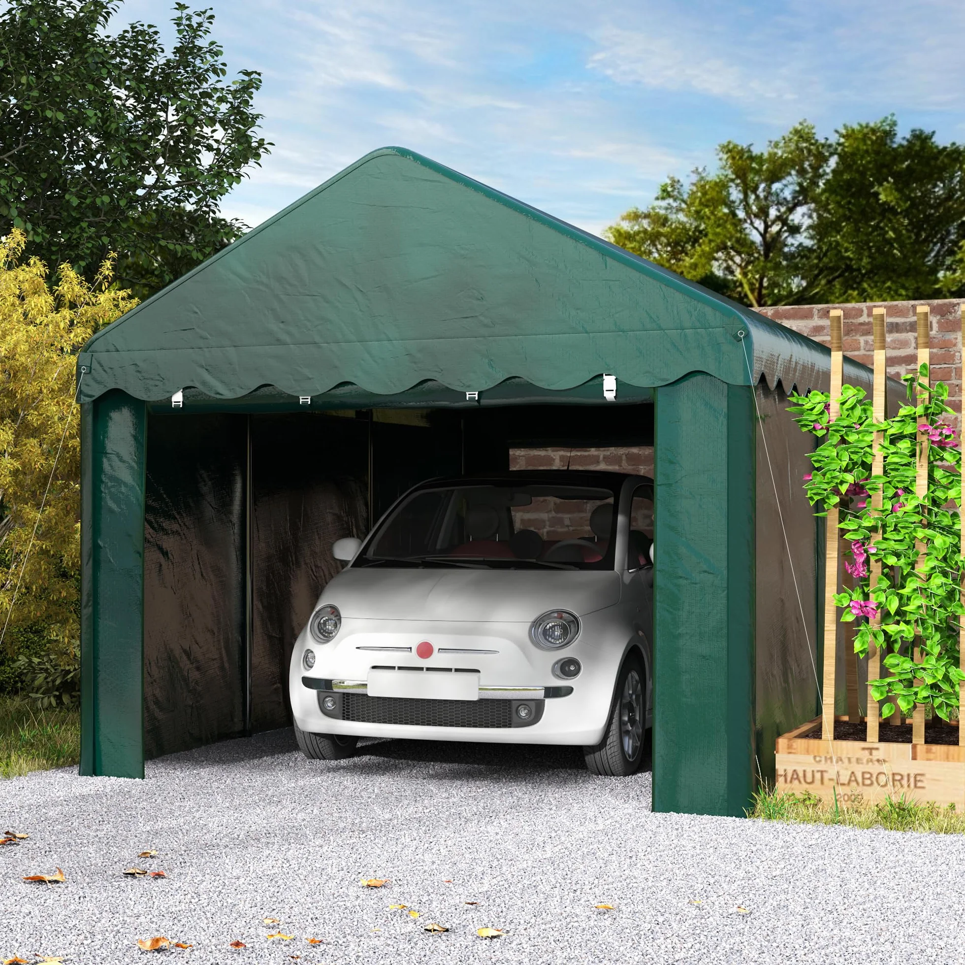 Outsunny Tenda da garage Carport 3 x 6 m con 2 porte avvolgibili, tessuto PE 200 g, resistente ai raggi UV e impermeabile, per auto, camion, barca, verde