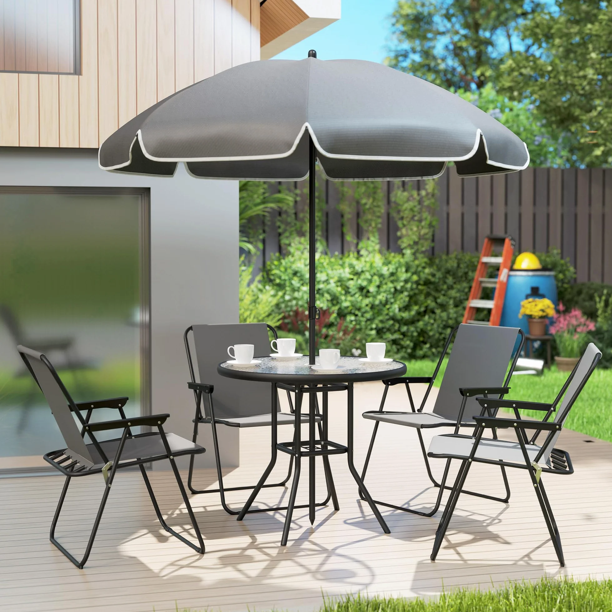 Outsunny zestaw 6-częściowy mebli ogrodowych: 4 krzesła składane, stół szklany, parasol, patio, taras, szary