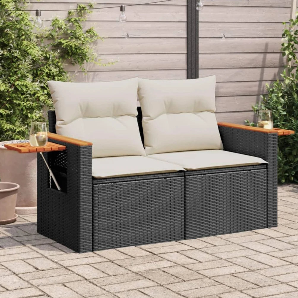 IKAYAA Divanetto da Esterno 2 Posti con Contenitore Divano da Giardino in Polyrattan Salotto da Giardino in Polyrattan Set da arredo per Esterno con Cuscini-Nero e Bianco-2 pz