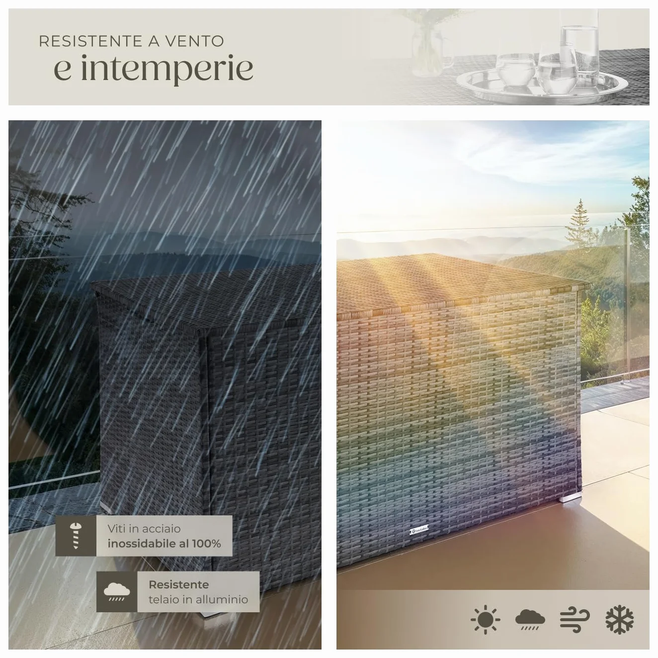 tectake Box Contenitore da Esterno 750L, Mobile da Giardino in Polyrattan e Alluminio, 145 x 82,5 x 79,5 cm - Grigio