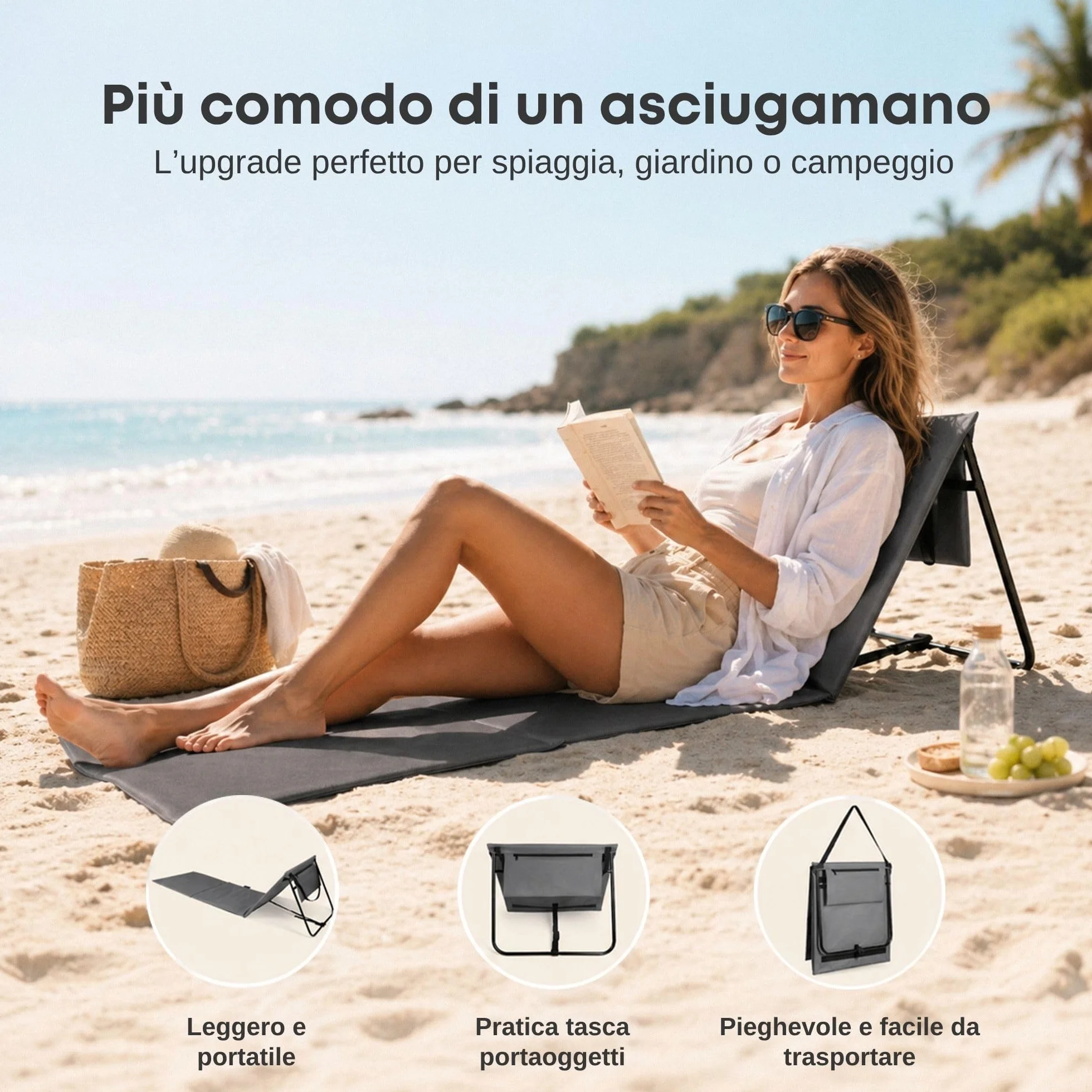 Set di 2 sedie da spiaggia pieghevoli con schienale regolabile, ultraleggeri e salvaspazio, grigio