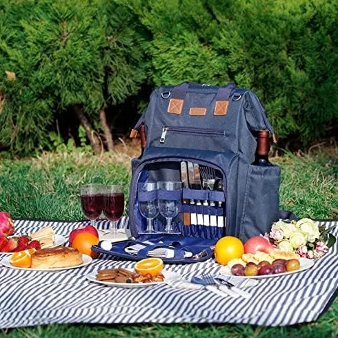 Zaino da picnic grande capacità 4 piatti scomparto termico 22,9 cm manico legno posate coperta impermeabile blu navy