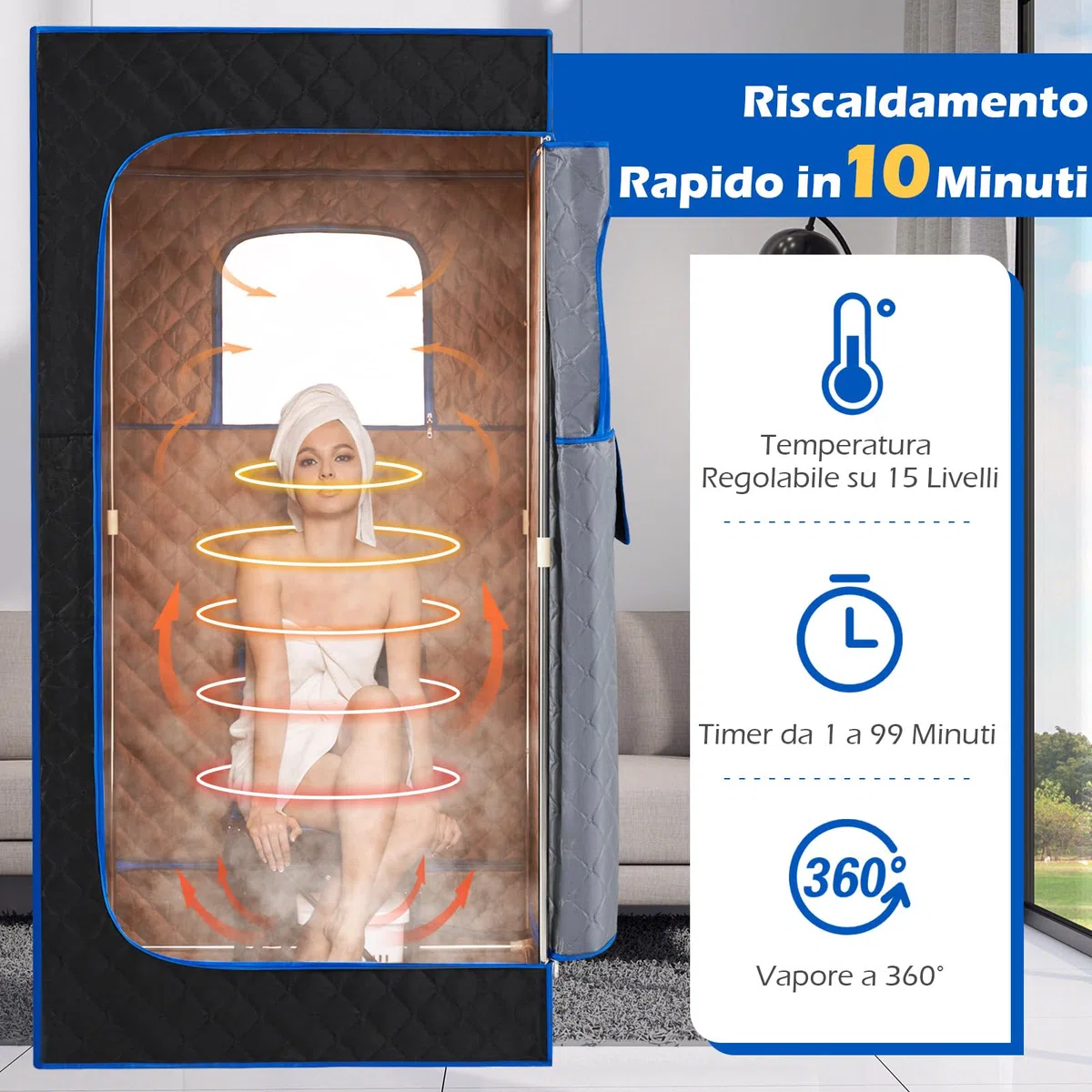 COSTWAY Cabina Sauna a Vapore 3L 1200W Riscaldamento Rapido 15 Livelli Temperatura Timer 99 Minuti Sedia Pieghevole Tappetino Blu