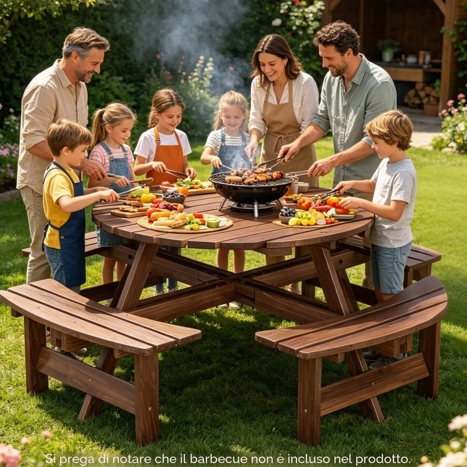 GIANTEX Set da Giardino in Legno di Abete 8 Persone Tavolo con Sedie Integrato Foro Ombrellone 178x70 cm