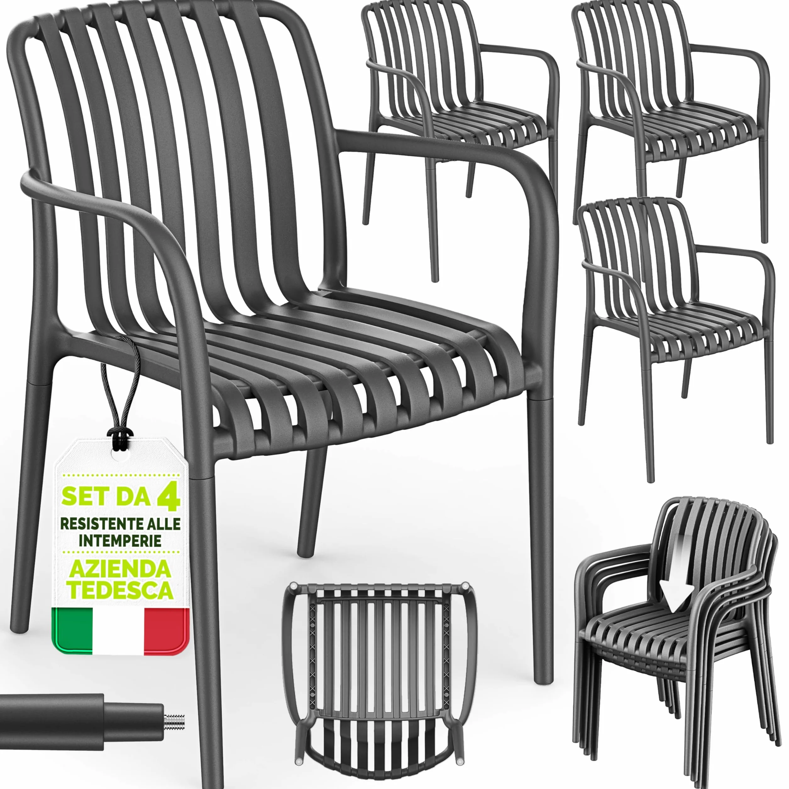 Tillvex Set di 4 Sedie da Giardino Impilabili Resistenti alle Intemperie 120 kg per Esterni Terrazzo Balcone
