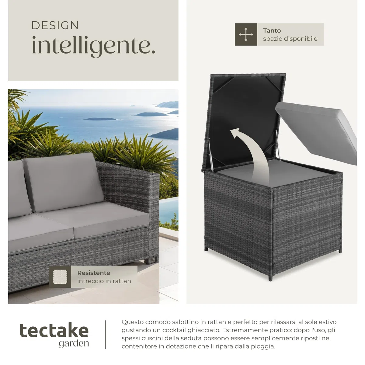 tectake® Salottino in Rattan, 2 Divani per Esterno con Cuscini, 1 Tavolo con Piano in Vetro, 1 Contenitore di Custodia, Salotto da Giardino Esterno, Salottino da Esterno - Grigio/Grigio Chiaro