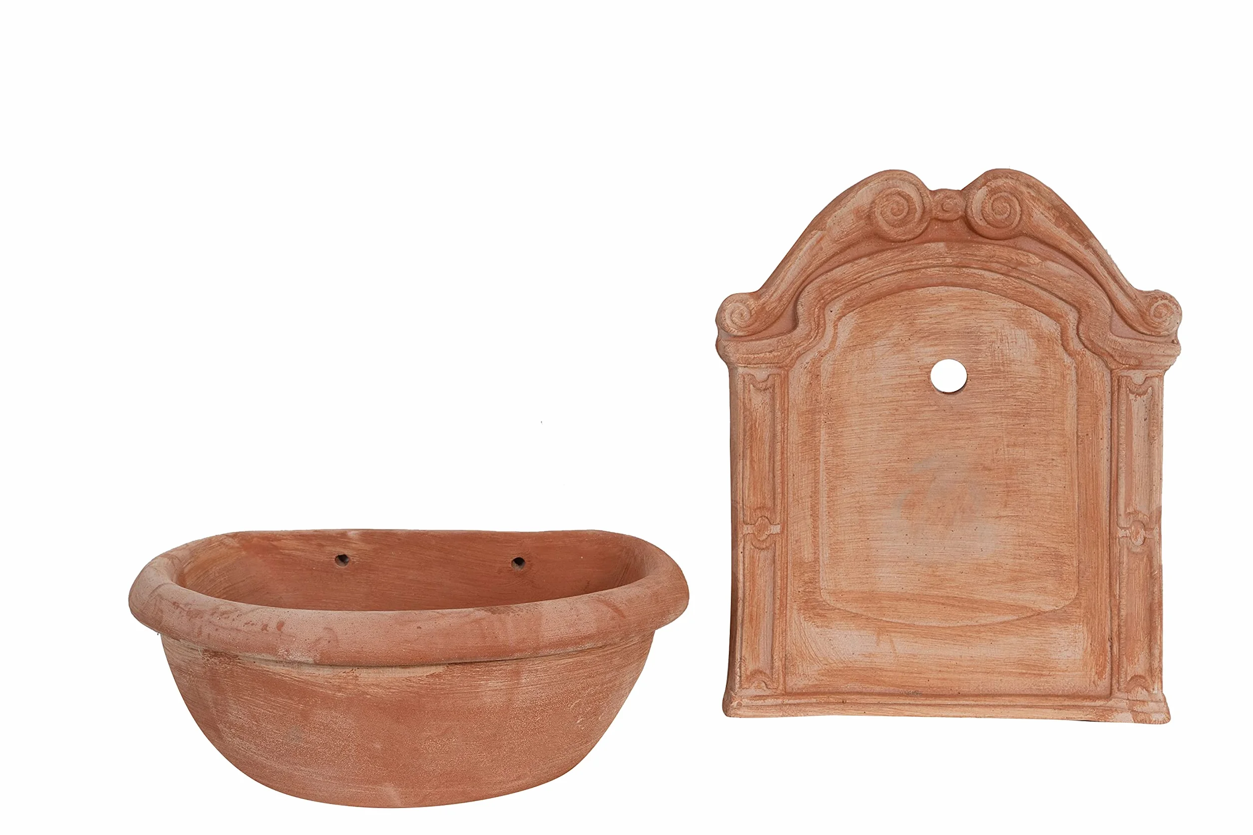 Biscottini Fontana da Giardino Esterno 45x36x64 cm - Fontana da Parete in Terracotta Fatta a Mano - Fontanella da Giardino - Fontane da Muro - Lavabo Decorativo in Terracotta con Vasca e Schienale