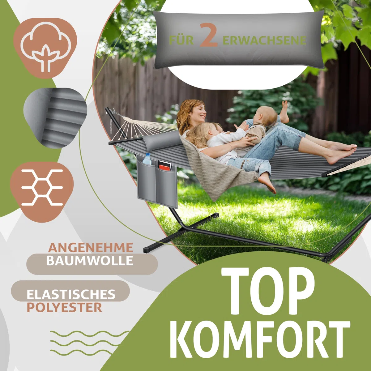 KESSER® Amaca con telaio e cuscino, Amaca doppia per 2 Persone, Portata 200 kg, Interno ed esterno, XXL, Sedia sospesa, Giardino, Piscina, Balcone, Terrazza - Grigio