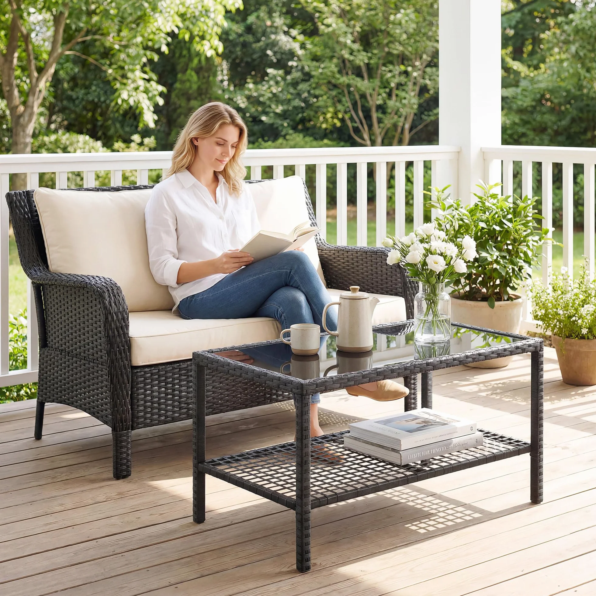 Outsunny Tavolino da Caffè in Rattan a 2 livelli con Ripiano, Piano in Vetro Temperato, Tavolino da Esterno con Struttura in Acciaio, 92x50x45 cm, Nero