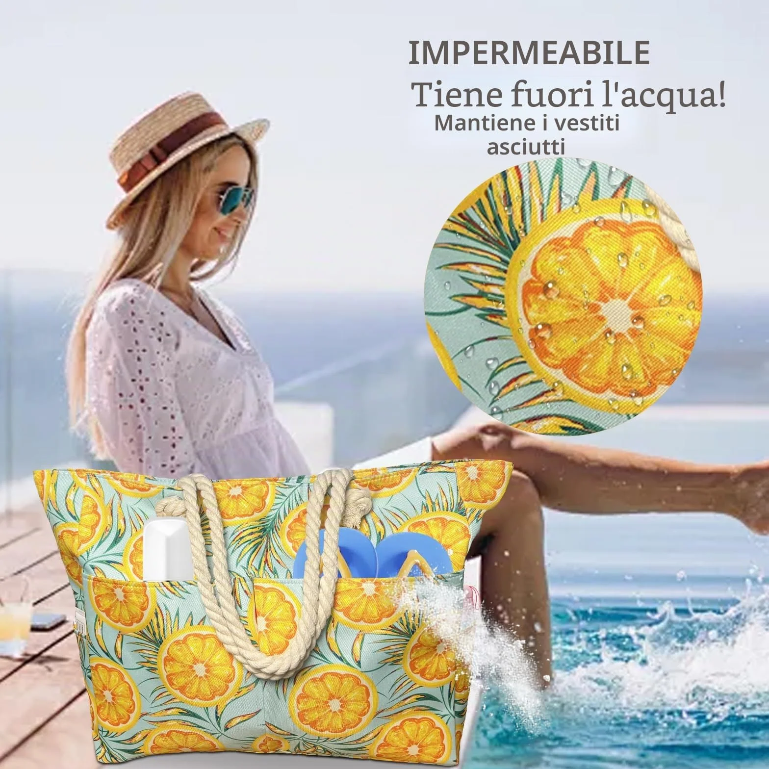 Borsa Spiaggia XXL 50L Arancione Donna Grande Impermeabile Pieghevole Termica con Cerniera