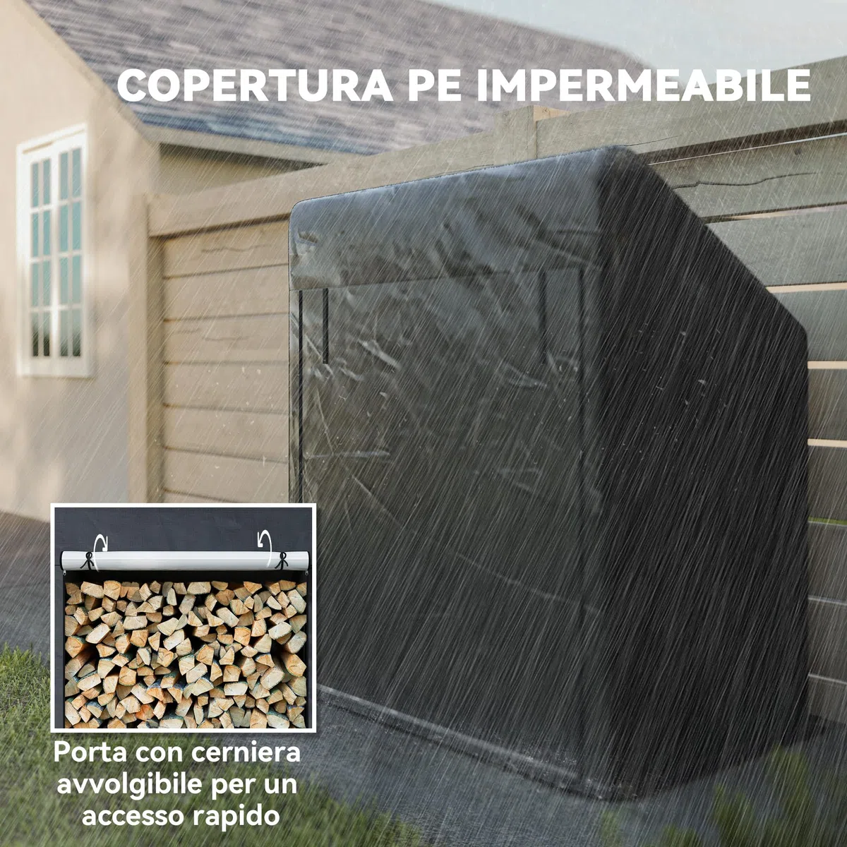 Outsunny Legnaia da Esterno in Acciaio Rinforzato, Portalegna Impermeabile 100x60x110 cm Nero Argento