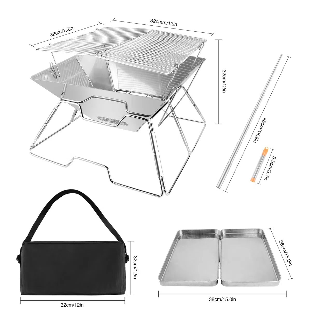 Braciere pieghevole portatile con braciere, set da campeggio pieghevole con scatola di ferro e borsa per il trasporto, griglia pieghevole in acciaio inox per barbecue, picnic, patio