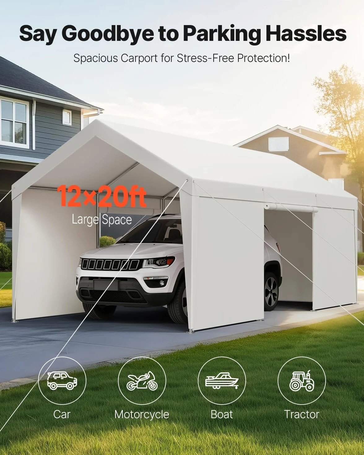 VEVOR Posto Auto Coperto Esterno, Riparo per Auto 3,65 x 6,09 x 3,02 m, Tettoia Potabile con Pareti Laterali e Porta Rimovibili, Resistente ai Raggi UV e all'Acqua, per Auto e Barca, Bianco