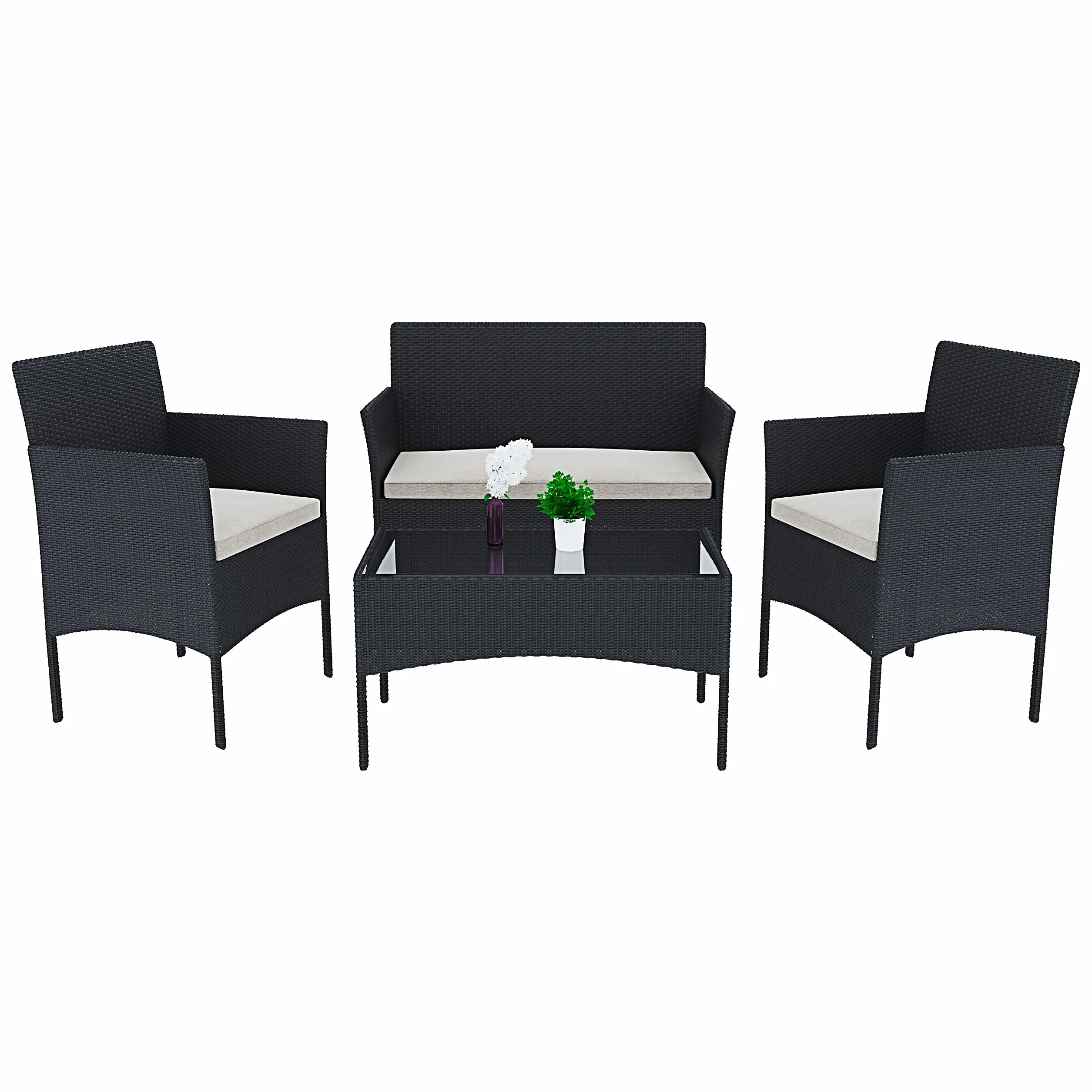Arreditaly Set Di Mobili da Giardino in Rattan 4 Posti con Tavolino Vetro Cuscini Sfoderabili (Black)