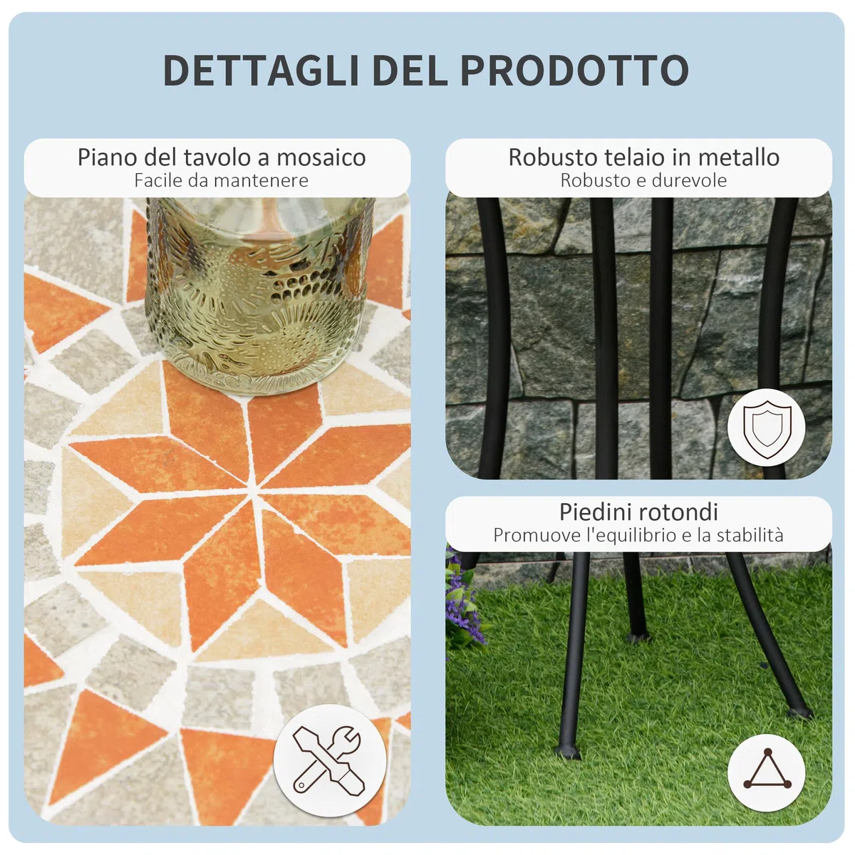 Outsunny Tavolino da Giardino Rotondo Ø35.5x53.5 cm Ceramica Mosaico Metallo Nero Giallo Grigio Bianco