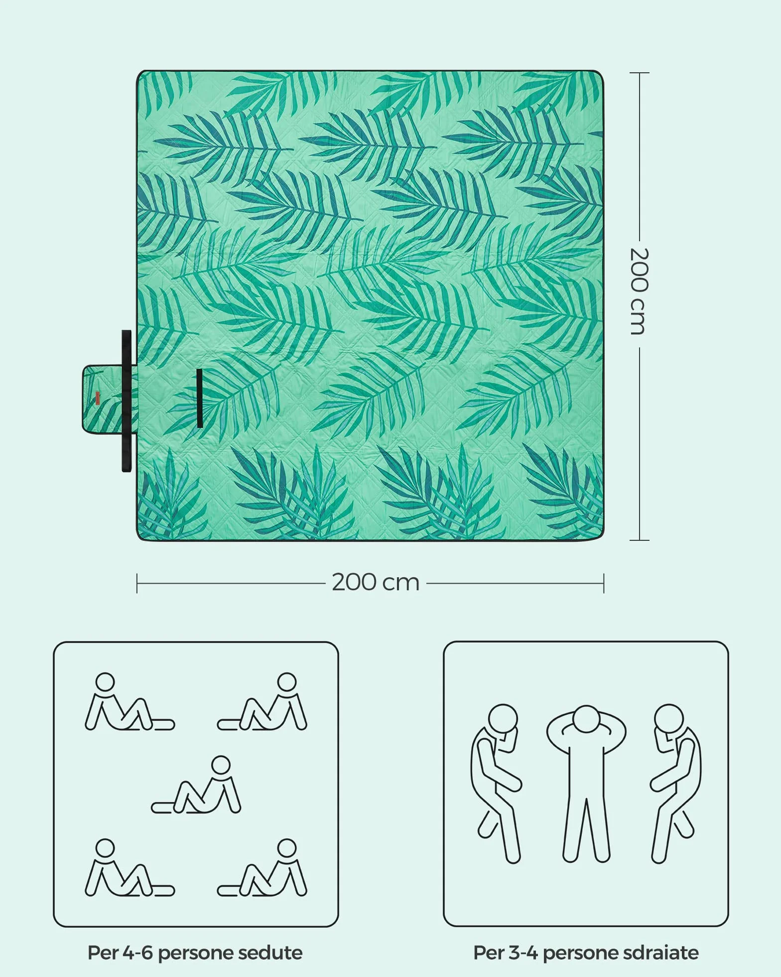 SONGMICS Coperta Picnic 200x200 cm Impermeabile Lavabile Pieghevole Verde GCM001C02
