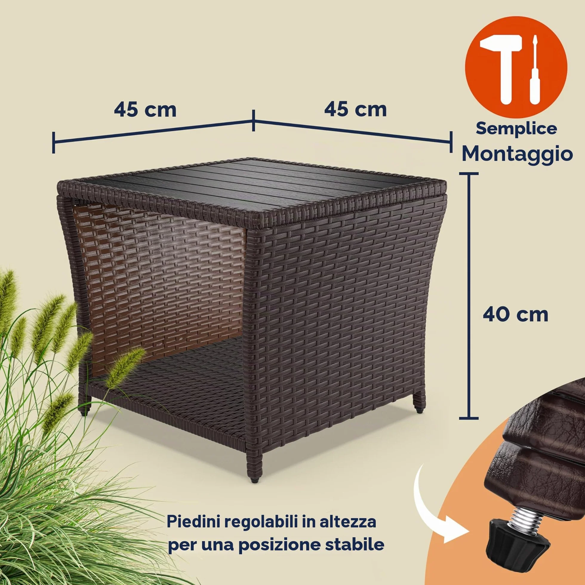 Casaria Tavolino in Polyrattan WPC 45x45x40cm Altezza regolabile Tavolo Basso da Giardino