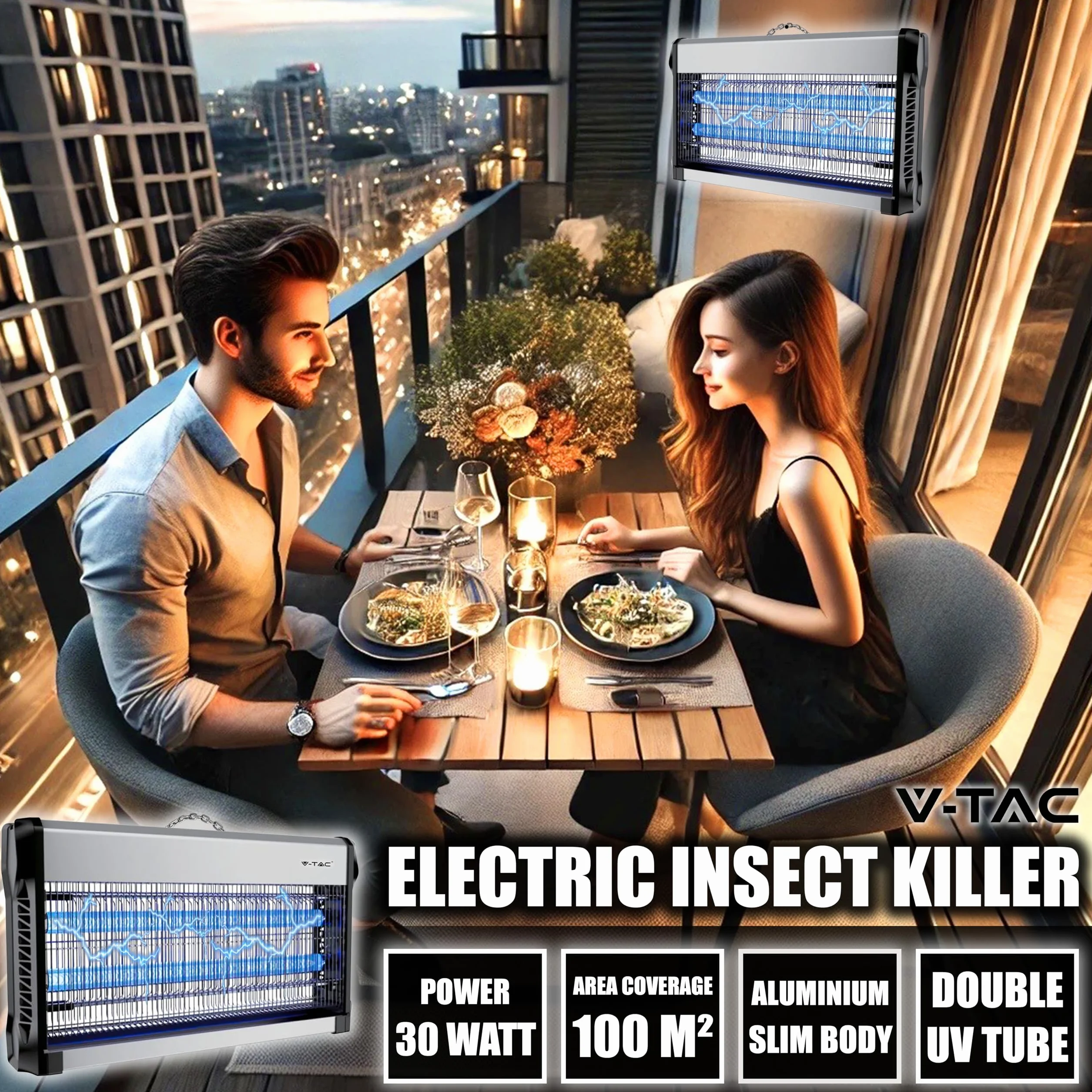 V-TAC Zanzariera Elettrica Potente - 30W con Area di Azione 100 m² - Design Sottile - Zanzariera con Luce Blu UV per Uso Interno ed Esterno - Trappola Elettrica contro Zanzare e Insetti - Potenza 30W