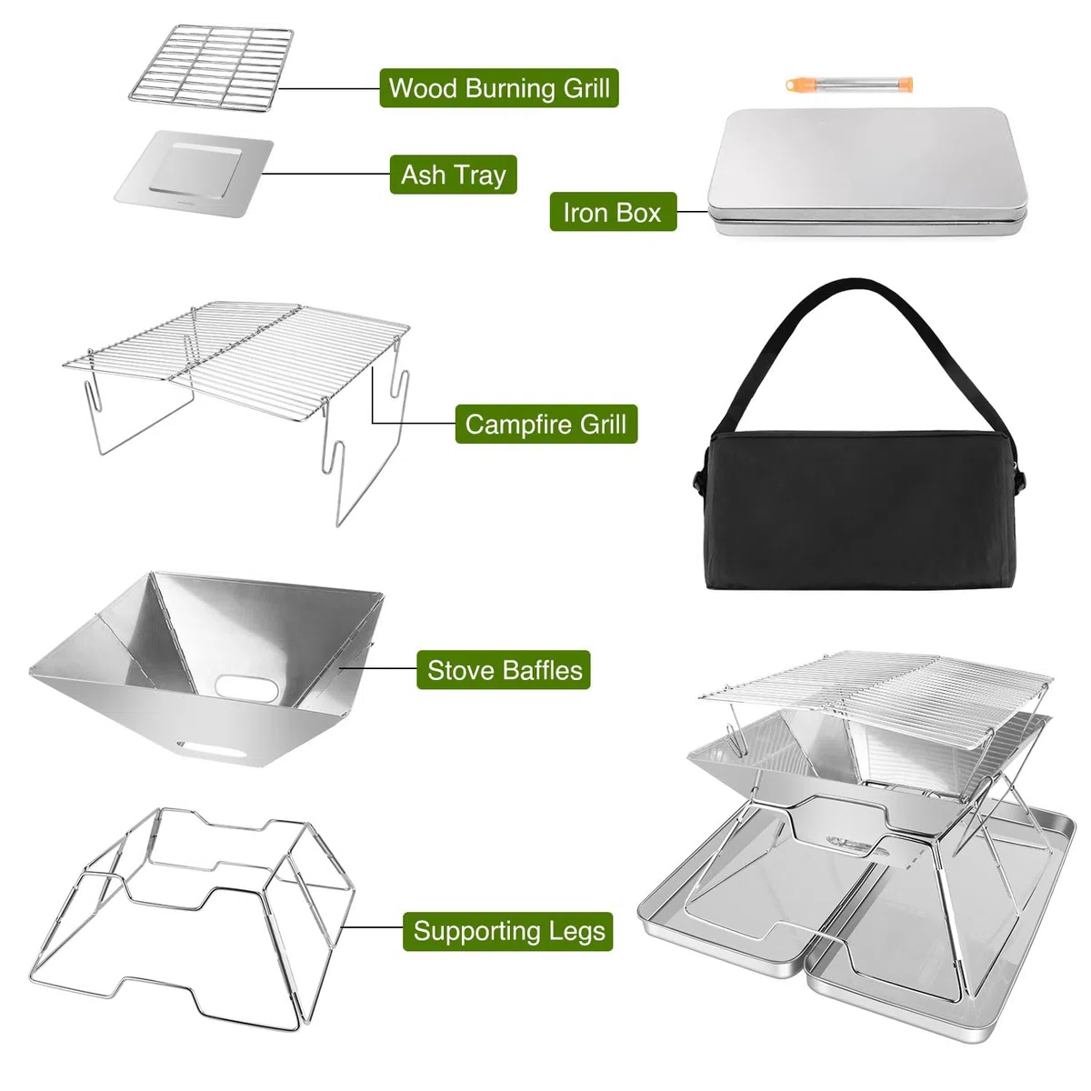 Braciere pieghevole portatile con braciere, set da campeggio pieghevole con scatola di ferro e borsa per il trasporto, griglia pieghevole in acciaio inox per barbecue, picnic, patio