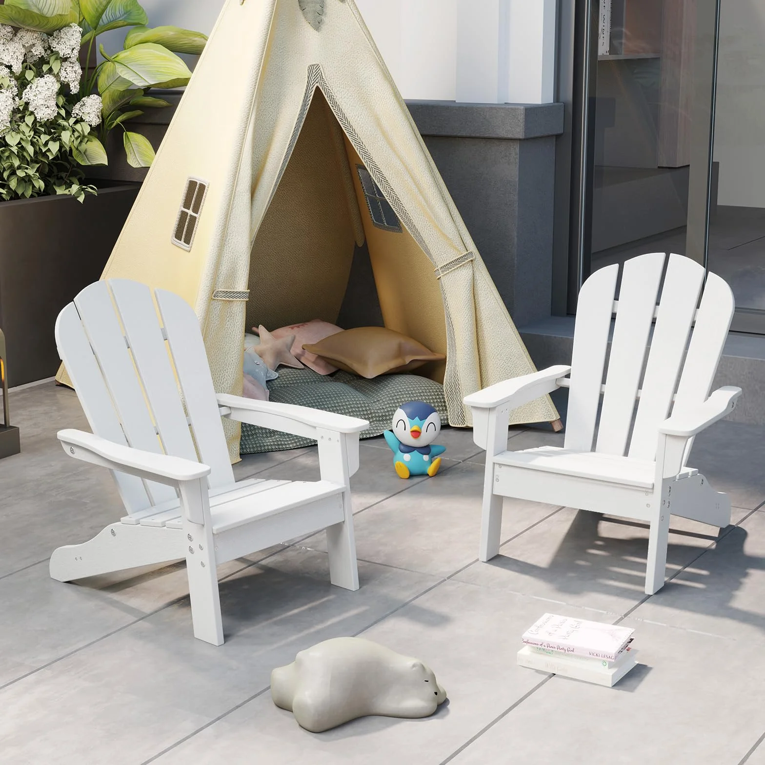 GYMAX Sedia Adirondack per Bambini da Giardino, Sedia per il Tempo Libero in HDPE con Ampio Sedile, Schienale e Braccioli, Angolo di Elevazione di 105°, Poltrona Esterno per Bambini 3-8 Anni (Bianco)