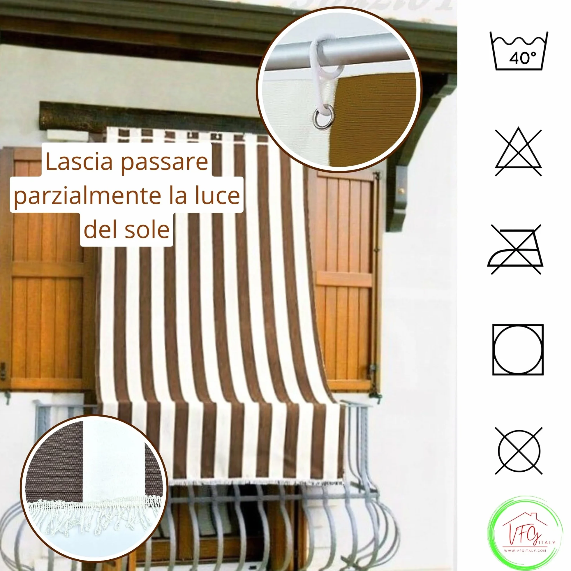 Tenda Sole Strisce Esterno Balcone Terrazzo Veranda con Anelli e Ganci 100% Poliestere Durevole Lavabile Marrone_bianco 290x290