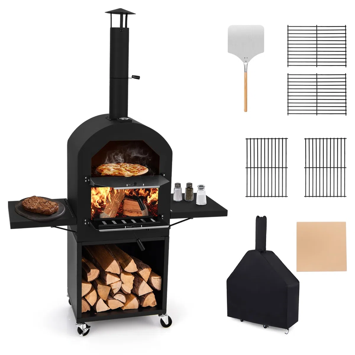 KOMFOTTEU Forno per pizza per esterni portatile 2 strati con borsa trasporto, pala, termometro, cottura per barbecue campeggio picnic