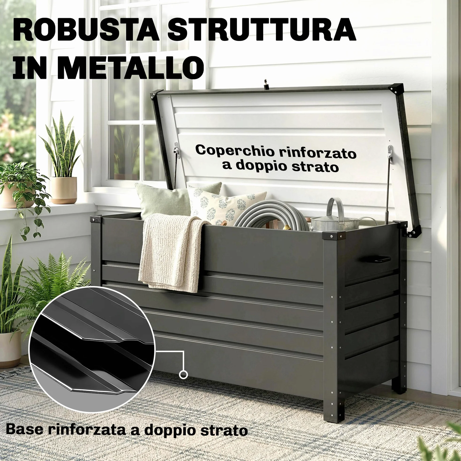 Outsunny Baule da Esterno 350L Acciaio Rinforzato con Coperchio Bloccabile, Pistoni a Gas, Ruote, Grigio