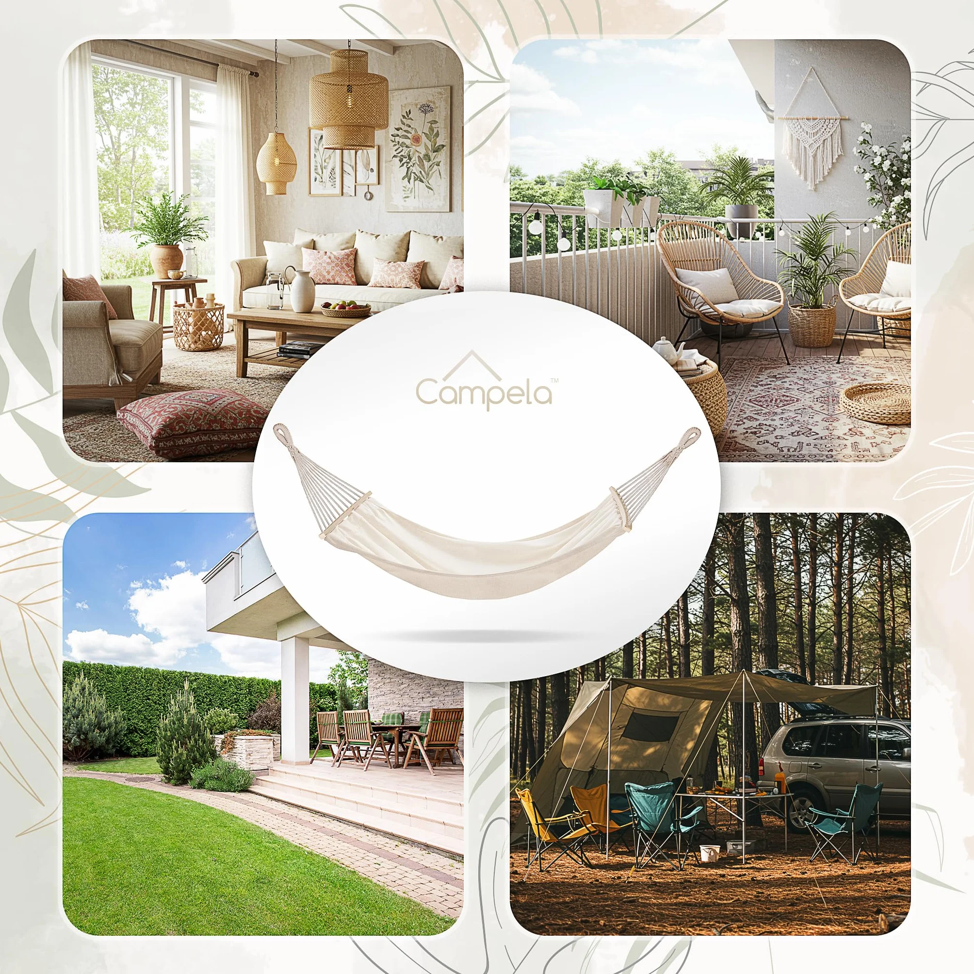 Amaca Doppia 200x150 cm Portata 240 kg Boho Beige Cotone Poliestere Giardino Terrazza