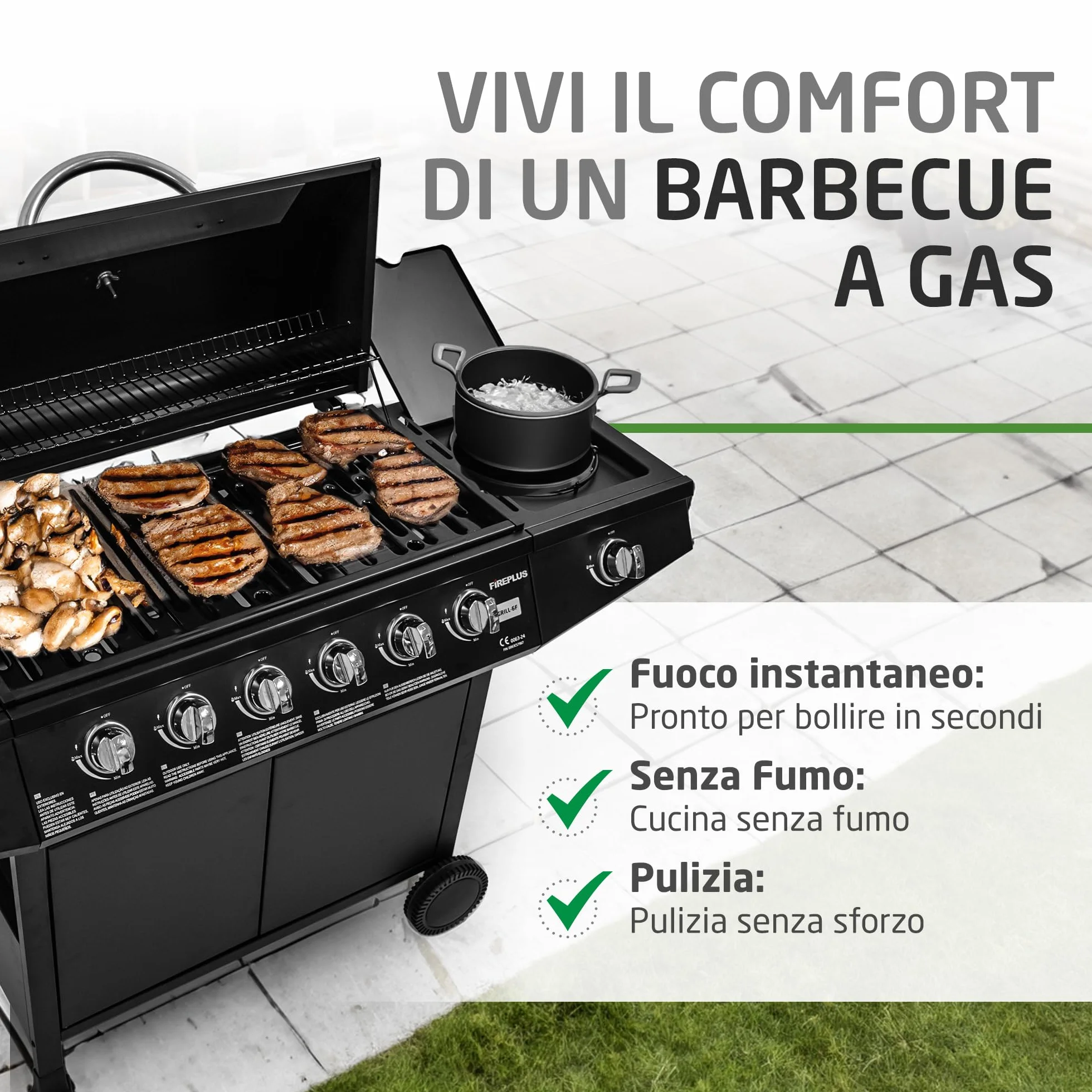Barbecue a gas Fireplus 6+1 12,9 kW Acciaio inox nero GRILL-6F 7 bruciatori 138x52x103 cm