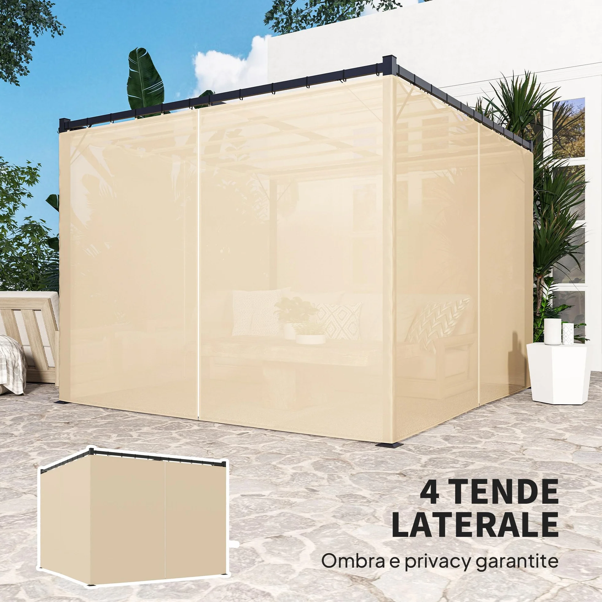 Outsunny Gazebo Pergola 3x3 m con Pareti Laterali e Tetto Retrattile, Metallo e Poliestere 180g/㎡, Beige