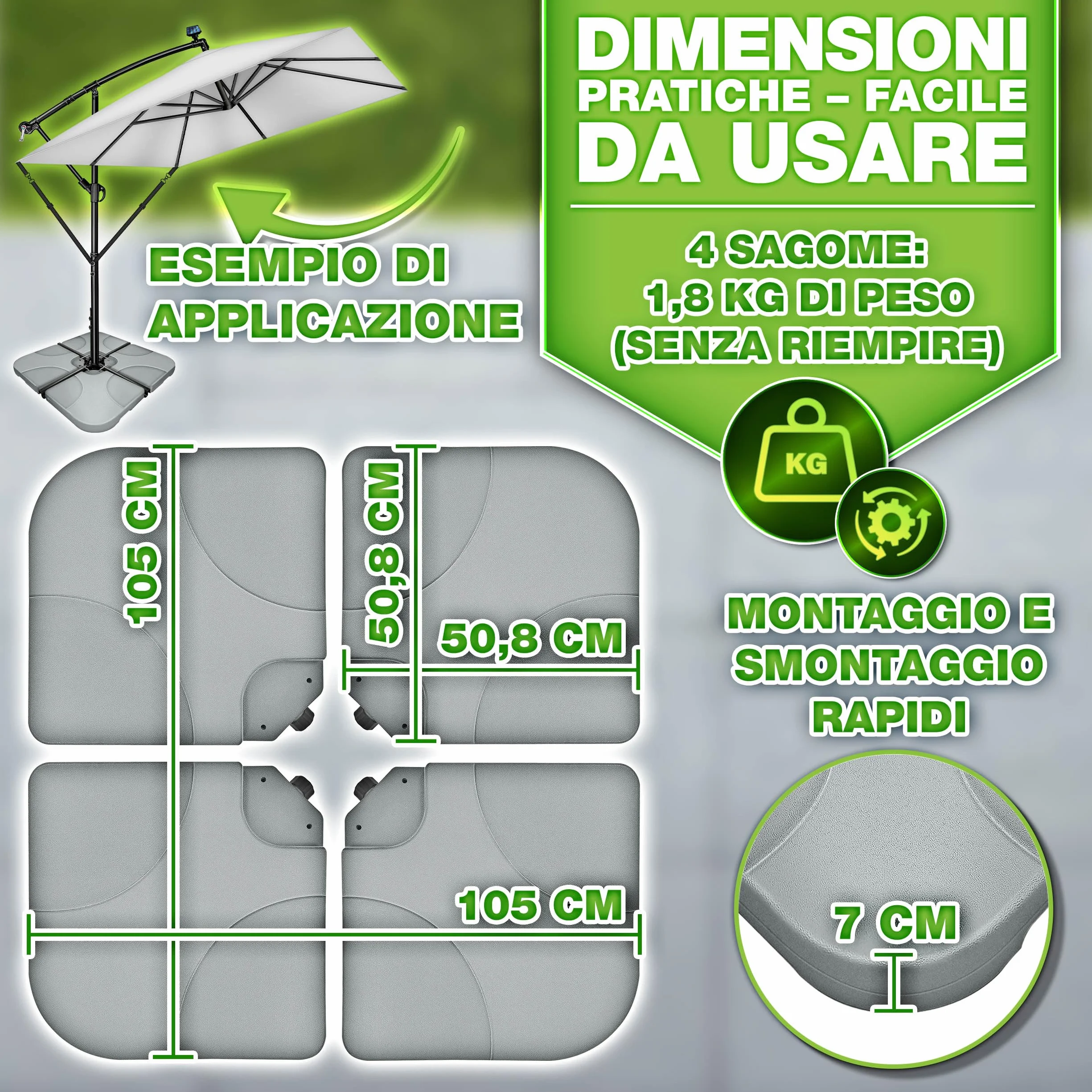 tillvex® Base per Ombrellone 90 Litri / 120 kg – 4 Pezzi per Ombrellone Decentrato con Connettore Metallico | Porta Ombrelloni Riempibile con Acqua o Sabbia | Supporto Ombrellone (Grigio)