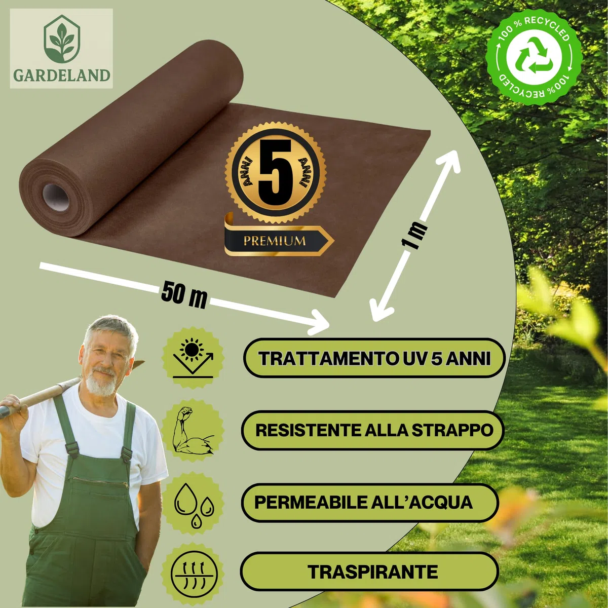 Telo Pacciamatura Marrone Premium 50m x 1m 90g/m2 Anti Erbacce Trattamento UV Resistente alle Intemperie Made in EU